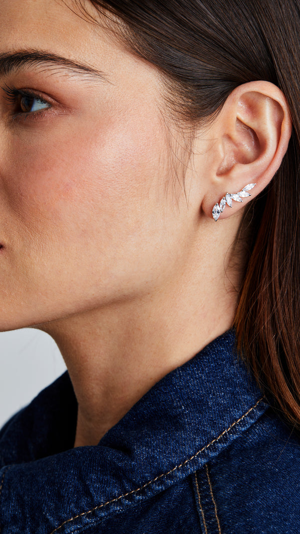 Elegant marquis stone climber earrings, white gold plated, totally versatile.