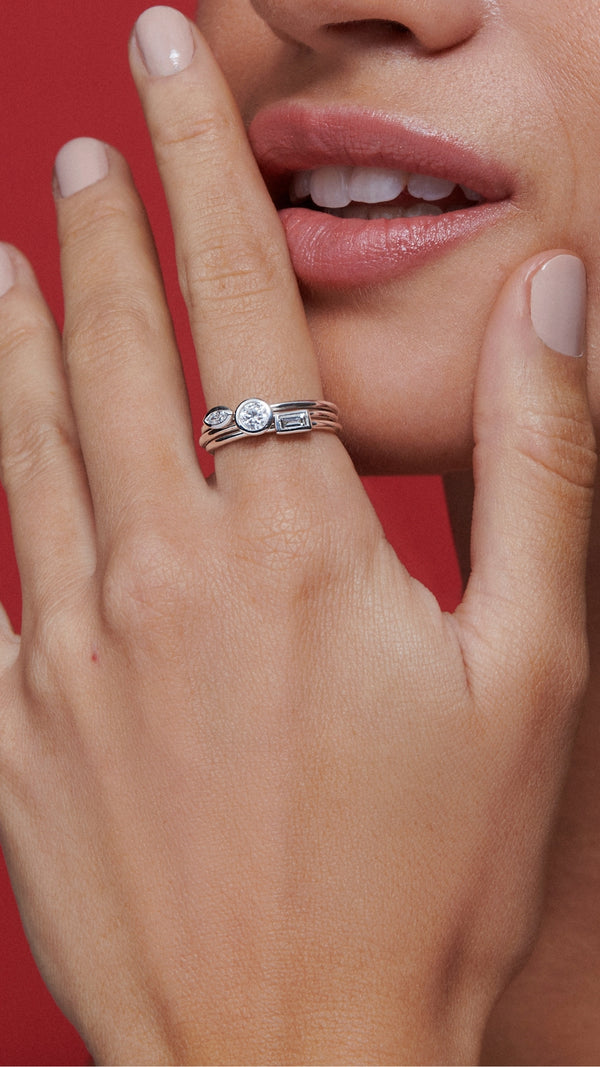 Solid white gold lab-diamond stacking rings for women