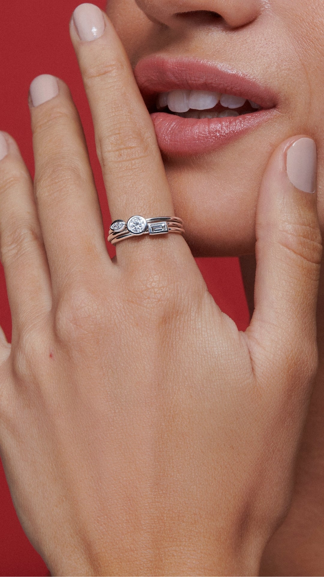 Solid white gold lab-diamond stacking rings for women