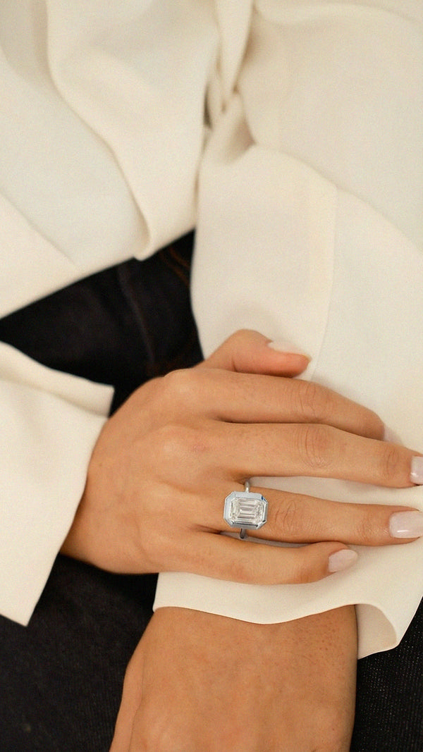 Trendy sterling silver statement ring for women, featuring a vintage-inspired emerald cut with a contemporary thick silver border for a high-voltage drama look.