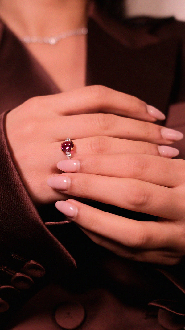 Sugarloaf Ring Ruby with Halfmoons Sterling Silver