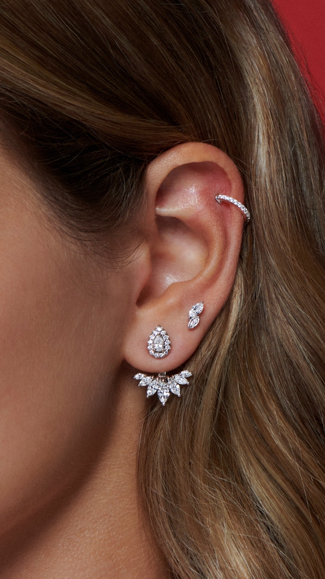 Suriya 9k solid white gold ear jacket for women with lab-grown diamonds. Ear stack with lab-grown diamond stud and solid white gold huggie for women