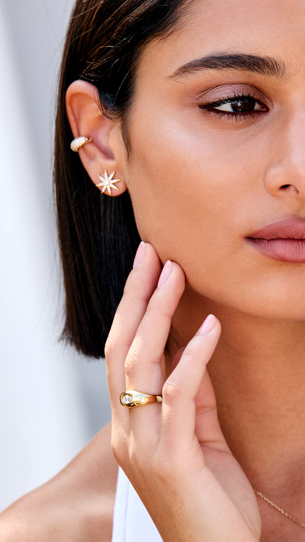 Minimalist marquise stone signet ring in 18k gold vermeil.