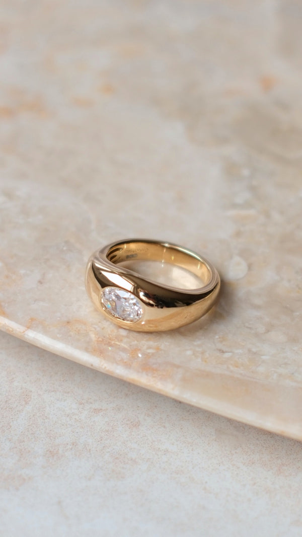 Sleek gold signet ring with a smooth polished band and oval stone in a bezel setting