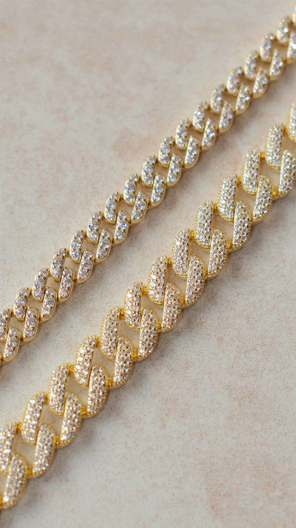 Gold cuban chain links size comparison for chain bracelets for women.