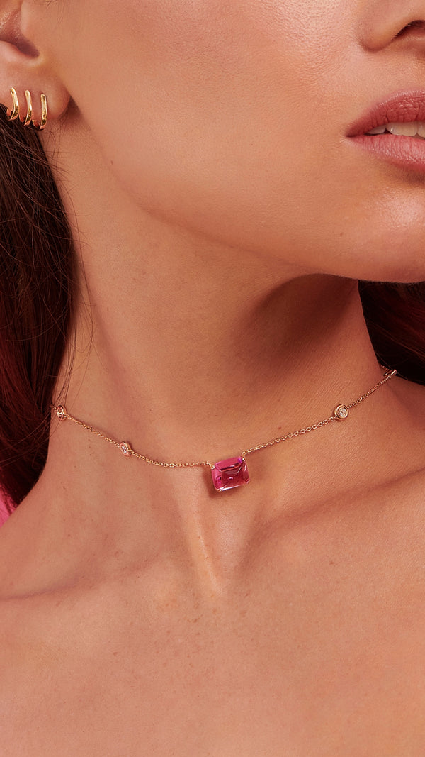 gold vermeil station necklace  for women with light pink lab-grown sugarloaf stone from the sugardrop collection