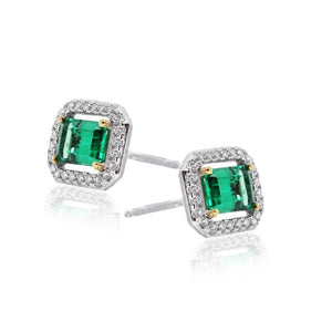 Sterling Silver Border Set Studs Earrings - Emerald Green