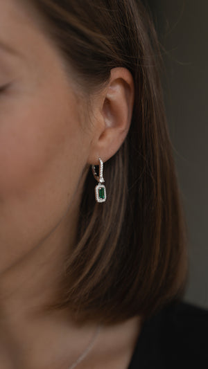 Moxie Emerald Green Borderset Drop Earrings White Gold Plated