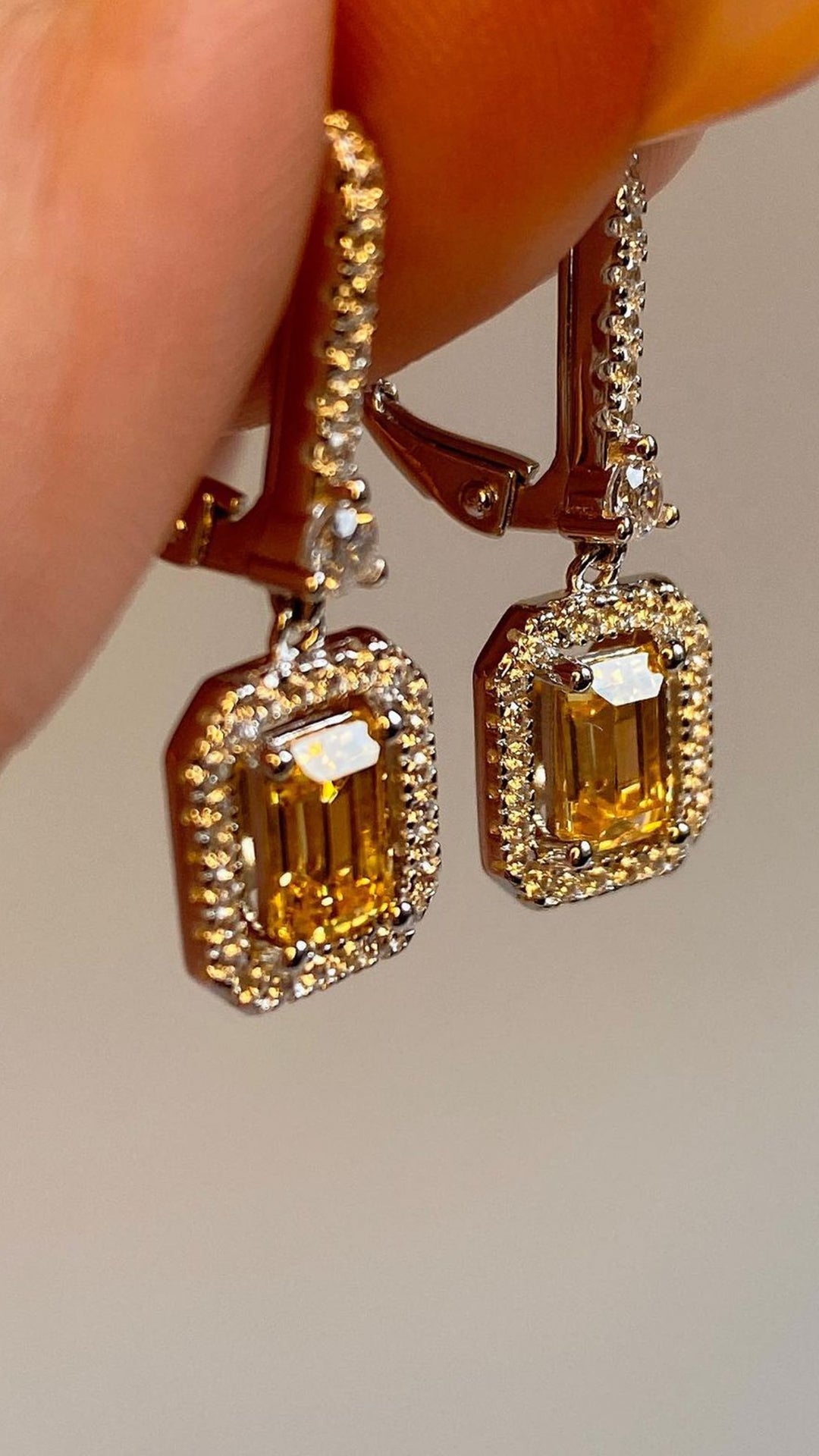 Moxie Yellow Emerald Borderset Drop Earrings White Gold Plated