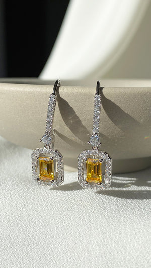 Moxie Yellow Emerald Borderset Drop Earrings White Gold Plated