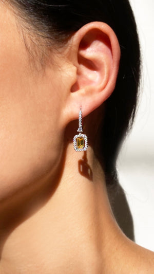 Moxie Yellow Emerald Borderset Drop Earrings White Gold Plated