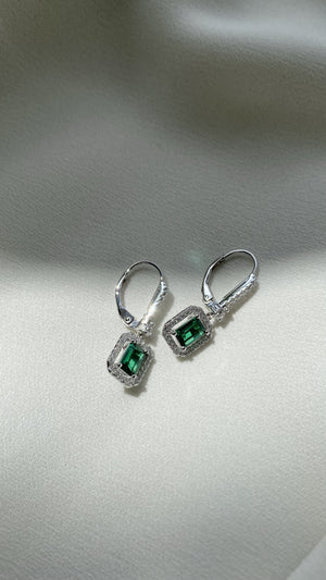 Moxie Emerald Green Borderset Drop Earrings White Gold Plated