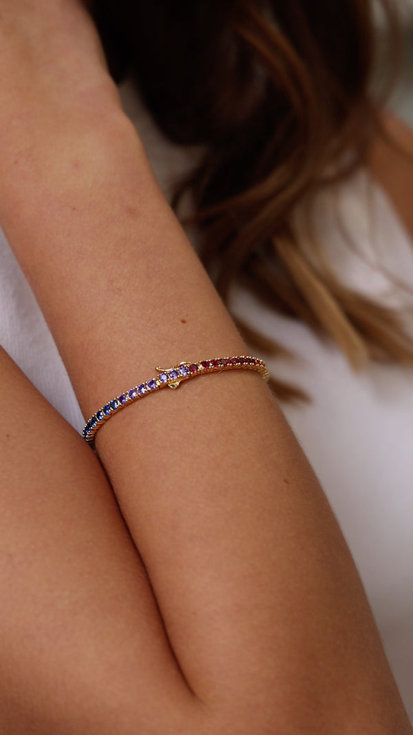 Rainbow Tennis Bracelet Long Gold Vermeil