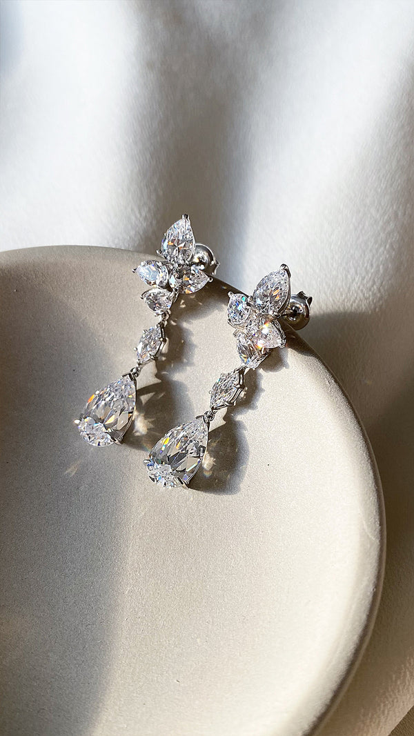 Josie Crosscut Pear Drop Earrings White Gold Plated